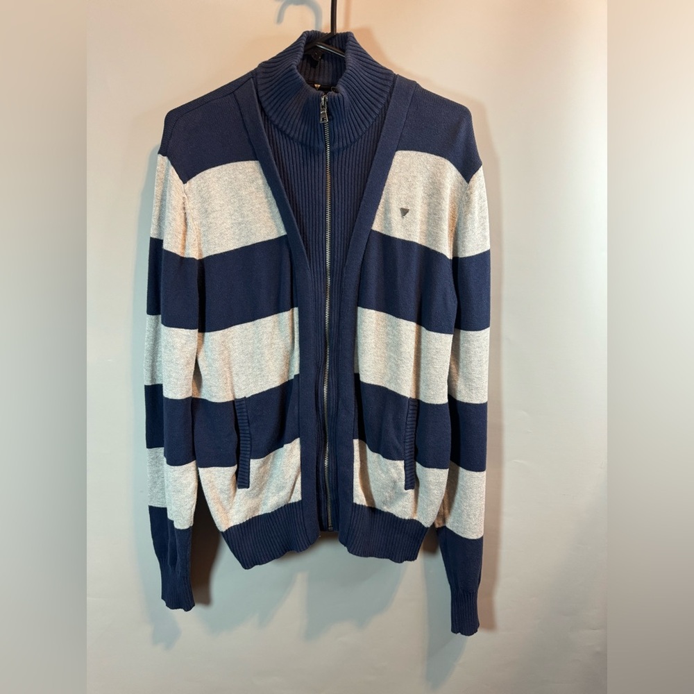 GUESS Men’s Blue/Gray Wide Stripe full zip mock neck Sweater Size Large pockets